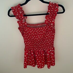 Red peplum scrunch top shirt with floral design